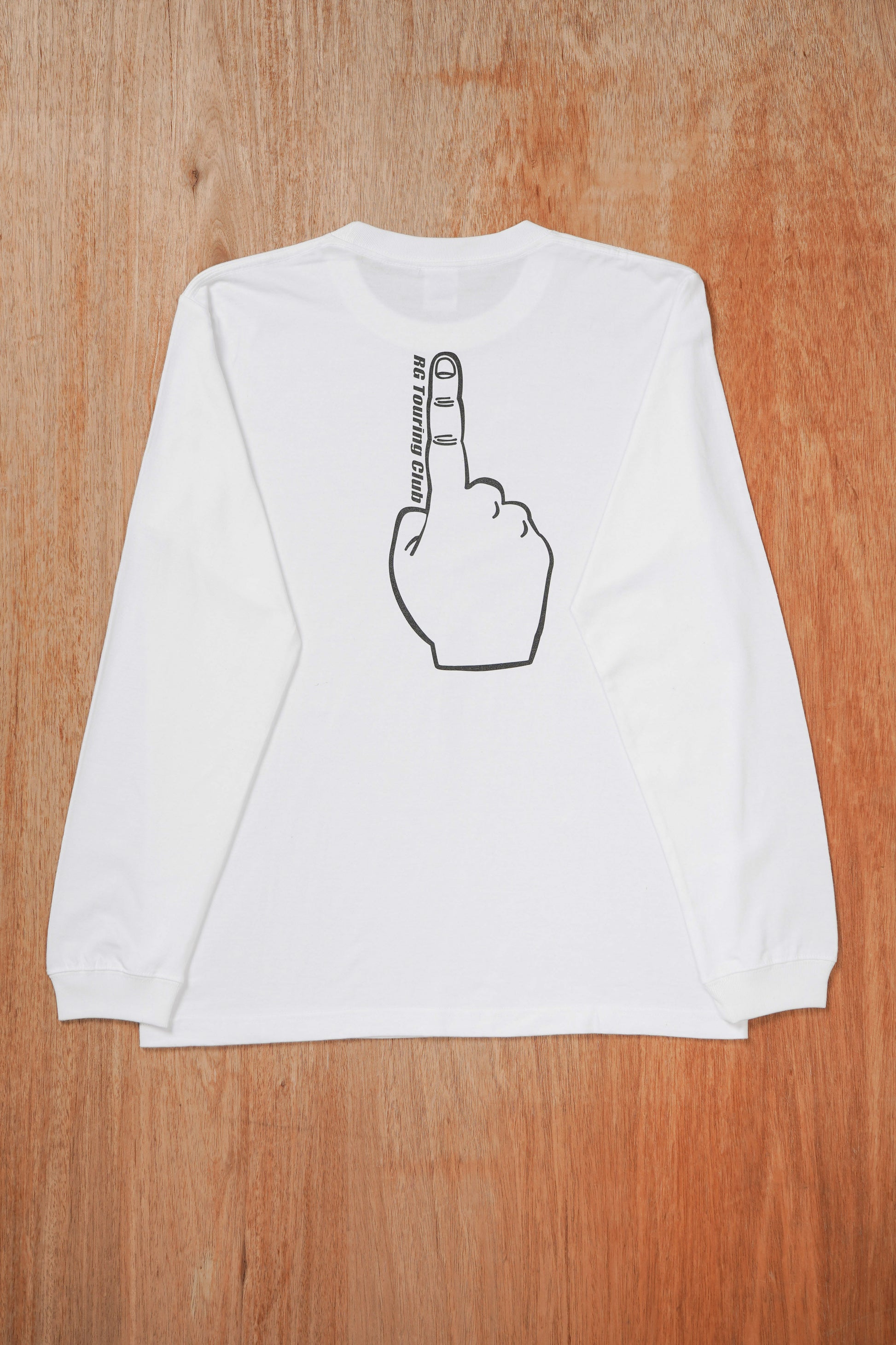 RGTC　ロングTシャツ　胸には筆記体ロゴ、背中には定番の指がプリントされております　白　バックプリント